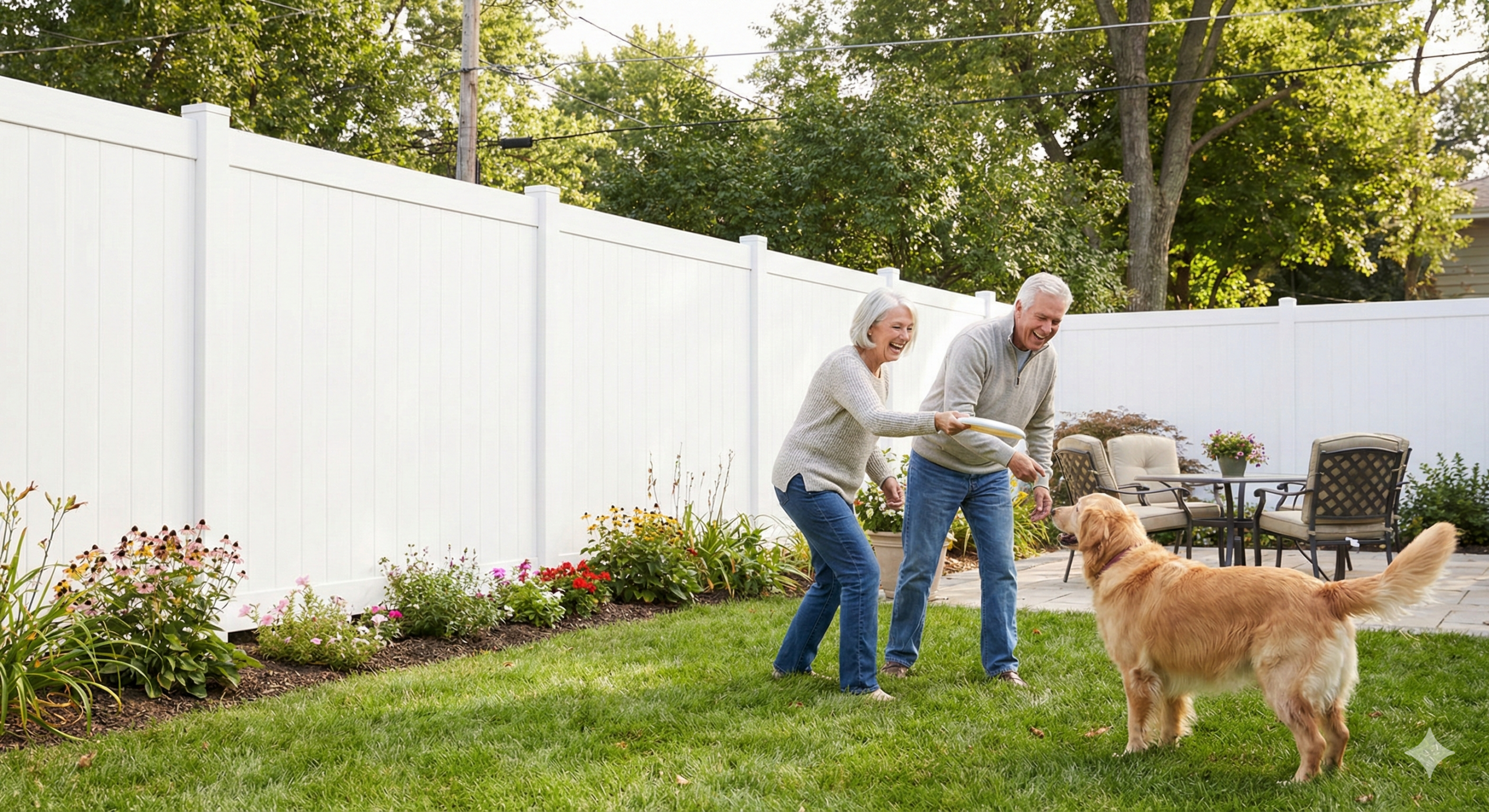 a retired couple in the villages, fl enjoying their back yard playing with their dog