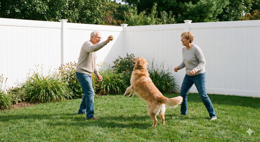 a retired couple playing with their dog in the clean backyard thanks to Scoopin Deuces, a dog poop removal service in The Villages