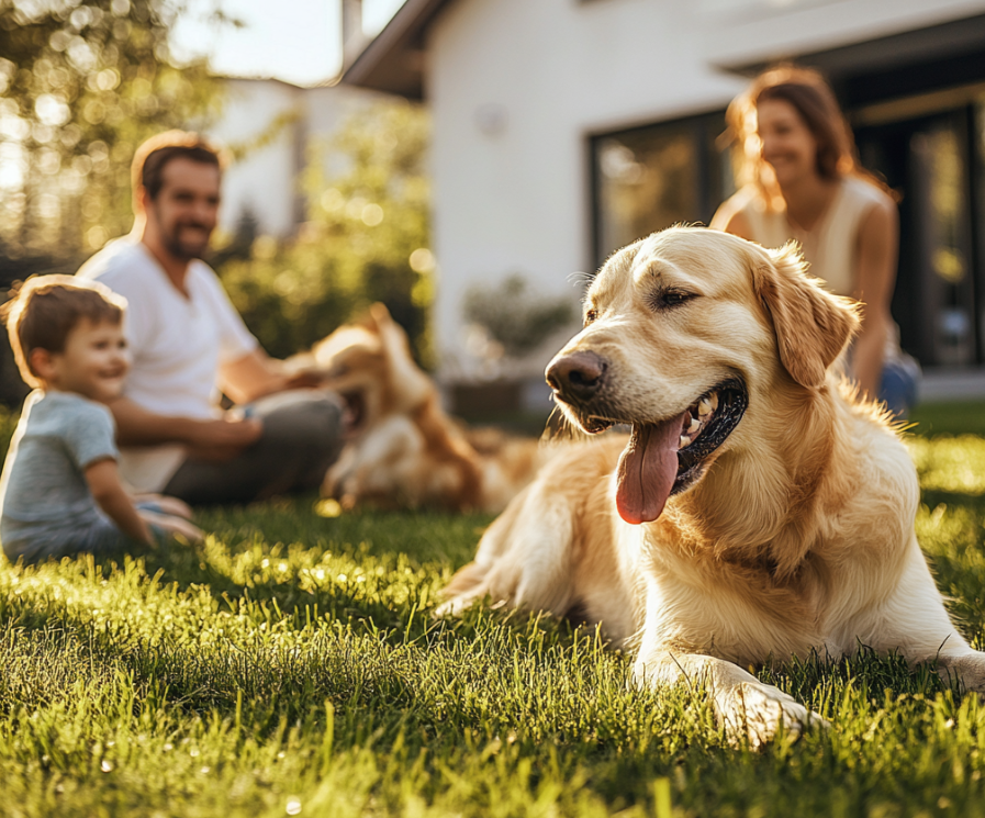 Family laying down in the grass in their backyard.
