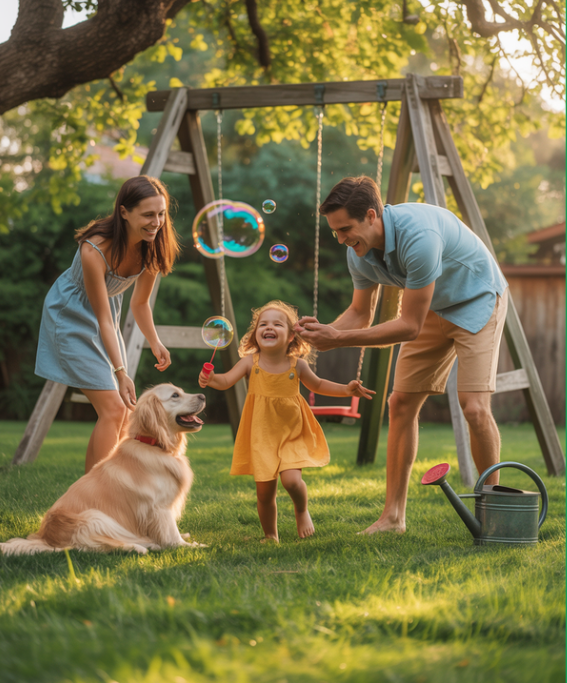 A young family playing with their daughter and dog in the backyard thanks to Dog Removal Services by Scoopin’ Deuces in Ocala, Florida.